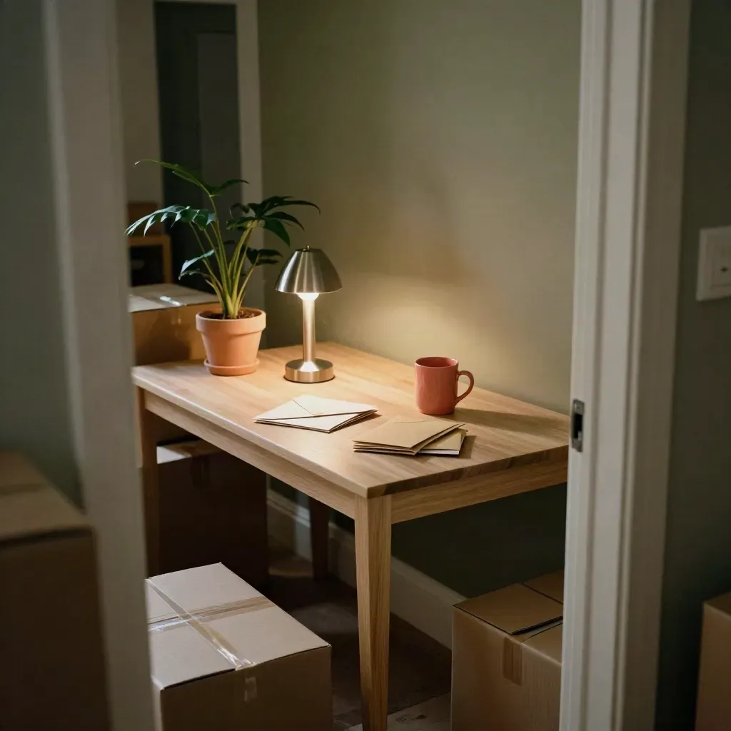 Compact apartment nook with boxes, lamp, plant, coral mug, and face-down envelopes on a table.
