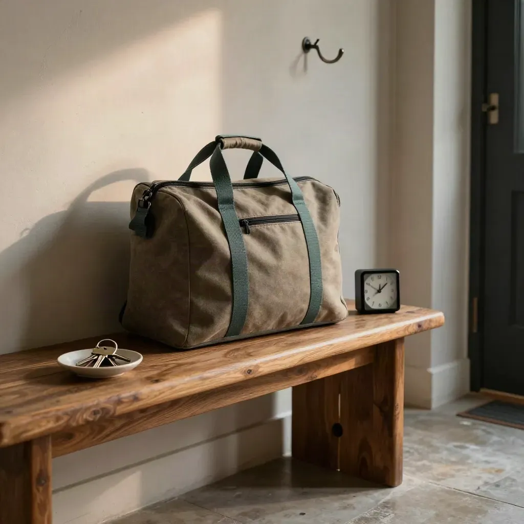 Hallway bench with a commuter bag, keys in a ceramic dish, and an averted clock in sunrise light.