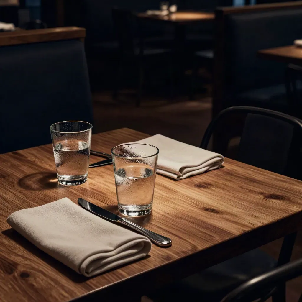 Empty restaurant table with water glasses, folded napkins, and a pulled-back chair at closing time.