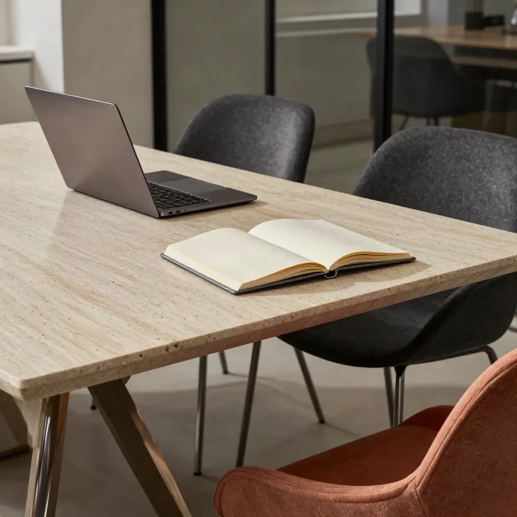 Closed laptops and an open blank notebook on a travertine meeting table, chairs set back after a meeting.