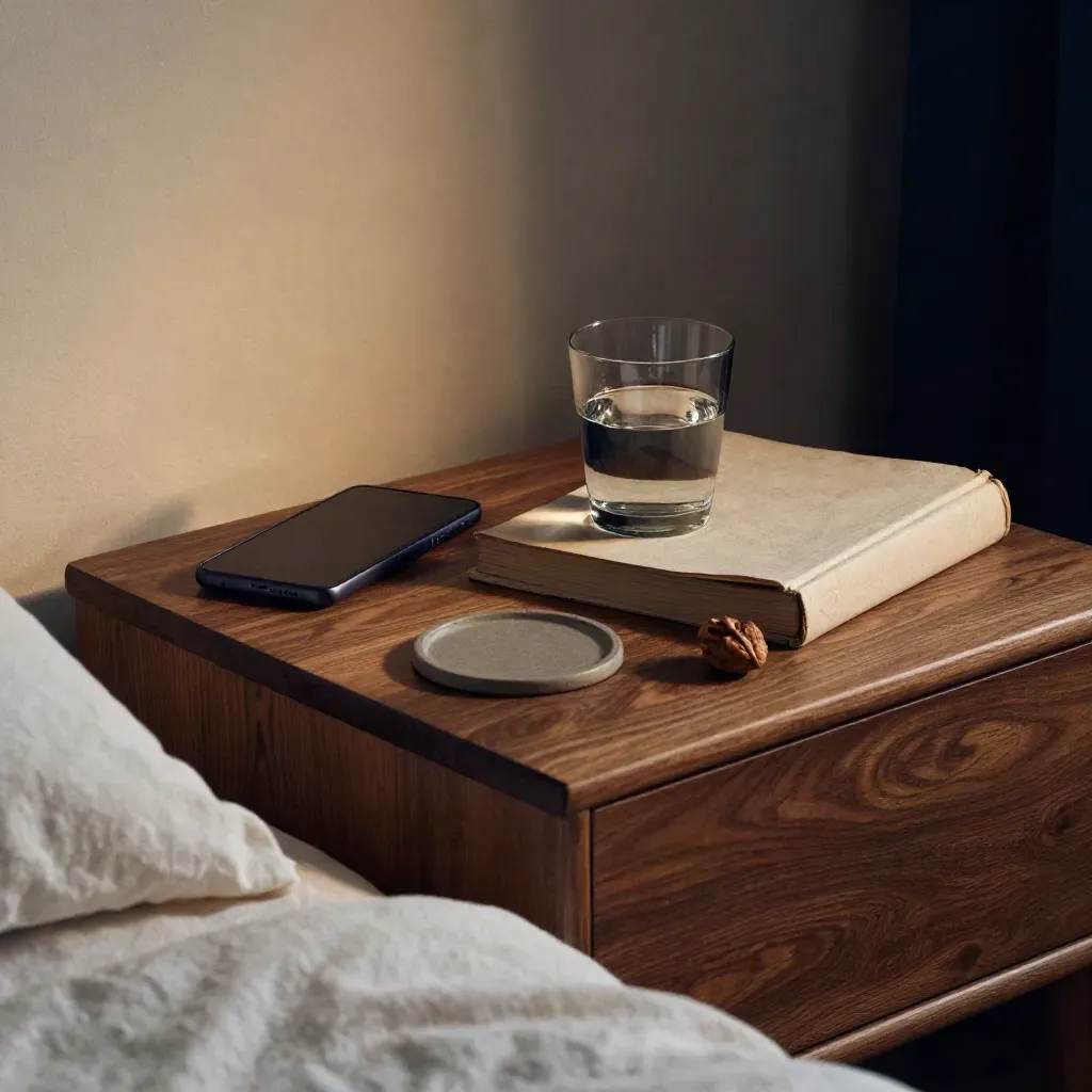 Walnut bedside table with a dark phone, face-down book, and half-finished water glass in dim evening light.