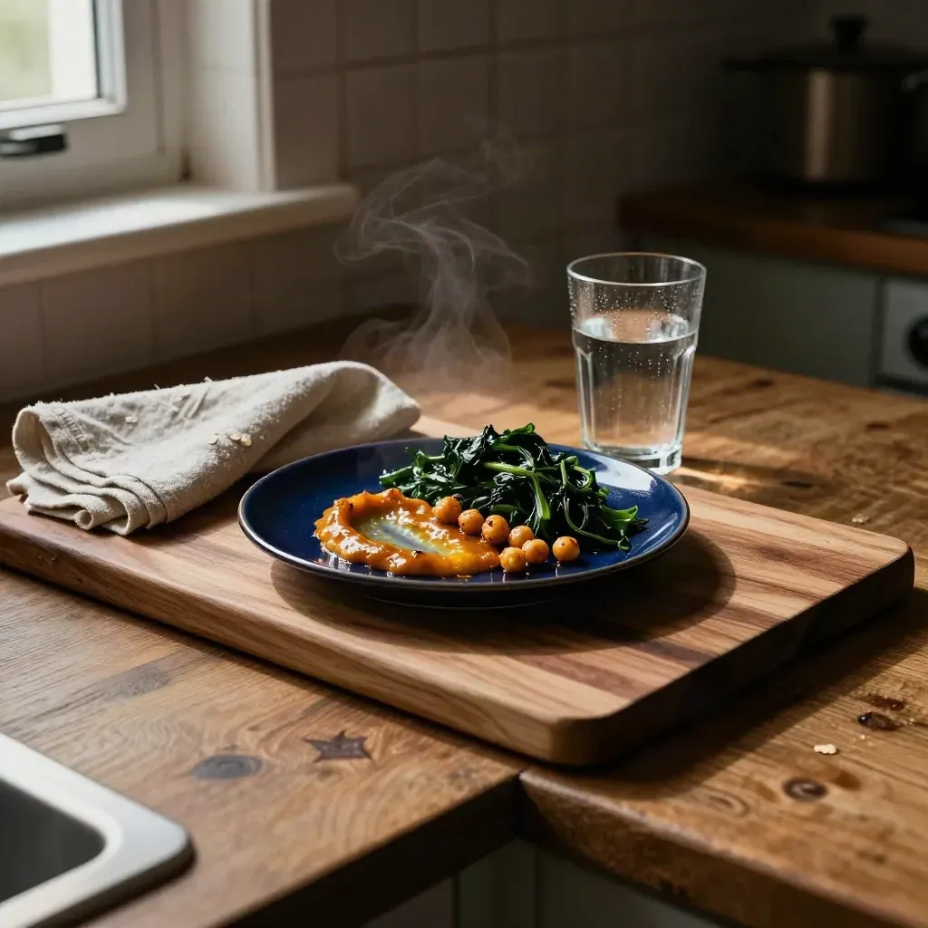 A simple after-dinner plate, linen napkin and water glass on a kitchen board in warm evening light.